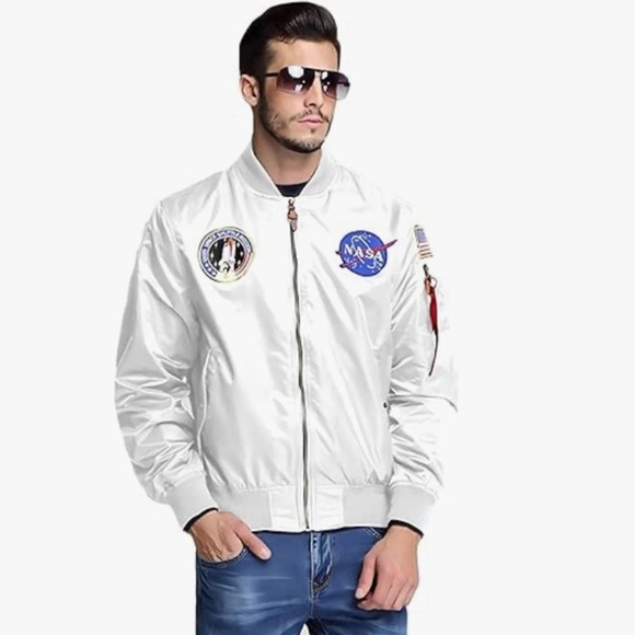 White NASA Print Mens Zip Up Bomber Jacket